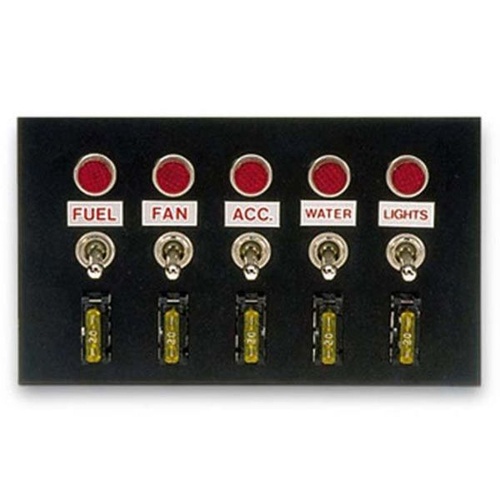 Moroso Switch Panel, Aluminium, Black, 6.75in. Wide, 4in. Tall, 5 Toggle Switches, Each