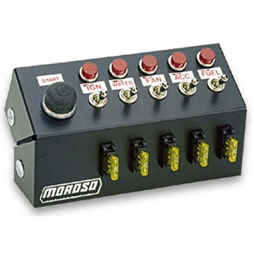 Moroso Switch Panel, Aluminium, Black, 7in. Wide, 4in. Tall, Fused, Lighted, 1 Push Button, 5 Toggle Switches, Each