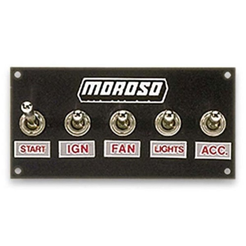 Moroso Switch Panel, Aluminium, Black, 5in. Wide, 2.5in. Tall, 5 Toggle Switches, Each