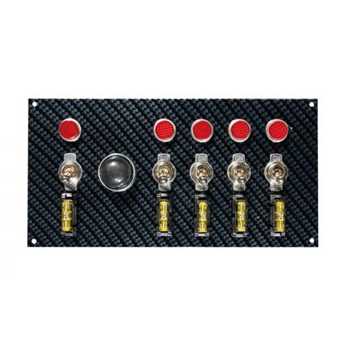 Moroso Switch Panel, Aluminium, Gray/Black, Carbon Fiber Look, 7.75in. Wide, 4in. Tall, 6 Toggle Switches, Each