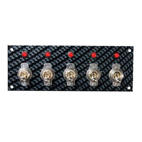 Moroso Switch Panel, Aluminium, Gray/Black, Carbon Fiber Look, 5.5in. Wide, 2in. Tall, 5 Toggle Switches, Each