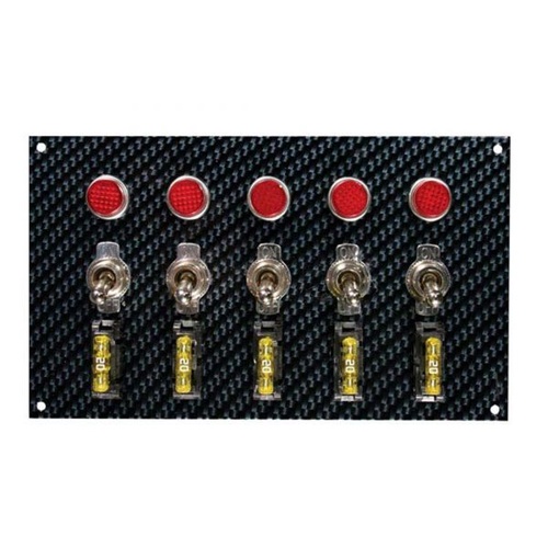 Moroso Switch Panel, Aluminium, Gray/Black, Carbon Fiber Look, 6.75in. Wide, 4in. Tall, 5 Toggle Switches, Each