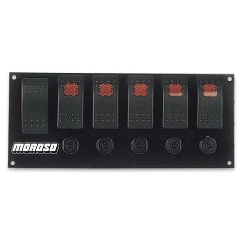 Moroso Switch Panel, Aluminium, Black, 7.875in. Wide, 3.4375in. Tall, Fused, Lighted, 6 Rocker Switches, Each