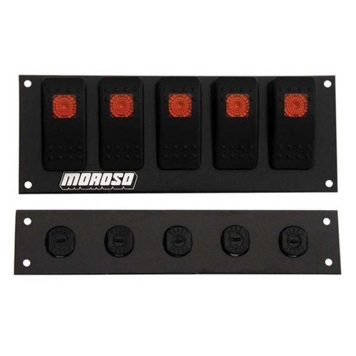 Moroso Switch Panel, Aluminium, Black, 6.695in. Wide, 2.488in. Tall, Fused, Lighted, 5 Rocker Switches, Each