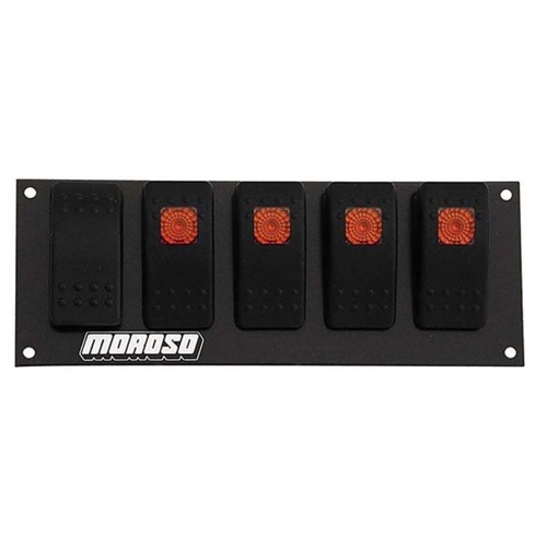 Moroso Switch Panel, Aluminium, Black, 6.695in. Wide, 2.488in. Tall, No Breakers, Lighted, 5 Rocker Switches, Each