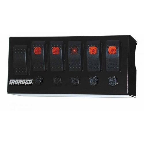 Moroso Switch Panel, Aluminium, Black, 8in. Wide, 3.75in. Tall, Fused, Lighted, 6 Rocker Switches, Each