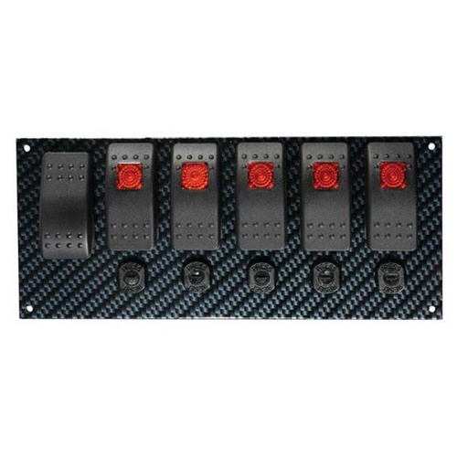 Moroso Switch Panel, Gray/Black, Carbon Fiber Look, 8in. Wide, 3.406in. Tall, 6 Momentary Rocker Switches, Each