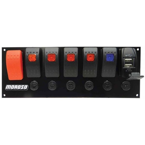Moroso Switch Panel, Dash Mount, Aluminium, Black, Lighted, 6 Rocker Switches, Each