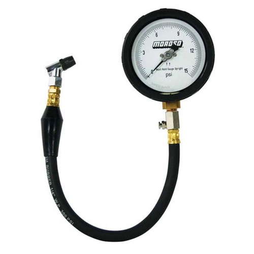 Moroso Tire Pressure Gauge, Analog, 4in. Dia., 0-15 psi, 15 1/2in. Hose, Bleed Valve, Storage Case, Each