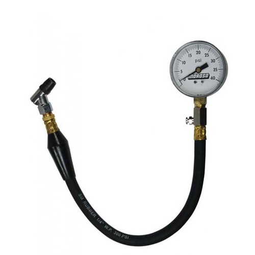 Moroso Tire Pressure Gauge, 2 5/8in. dia. Face, .5in. Icrements, 15.5in. Hose w/Finger Operated Air-Bleed, 0-40 ps