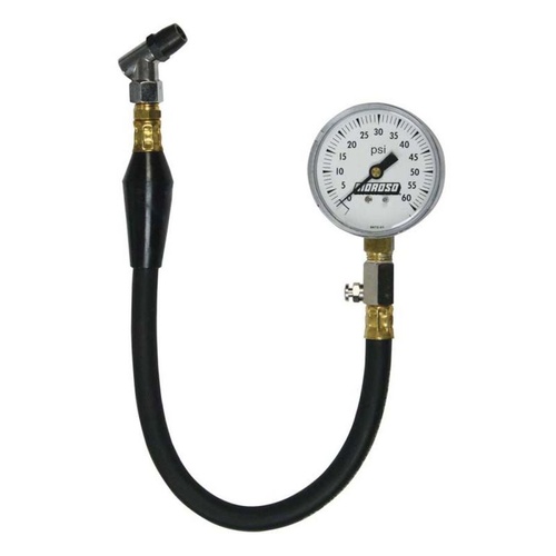Moroso Tire Pressure Gauge, Analog, 2 5/8in. Dia., 0-60 psi, 15 1/2in. Hose, Bleed Valve, Each