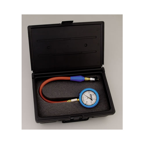 Moroso Lighted tyre Pressure Gauge, 0-15 psi., 2 5/8 in. Dia. Face, 15.5 in. Hose, Rubber Cover, Pressure Release Vlv, Swivel Chuck, Polyethylene Case