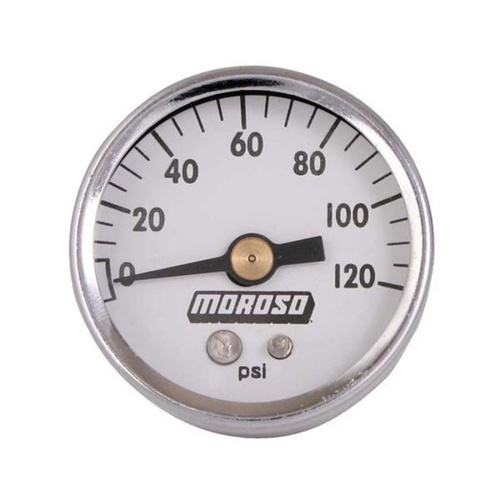 Moroso Gauge, Oil Pressure, 0-120 psi., 1 1/2in. Dia., Analog, Mechanical, White Face, Chrome Bezel, Each