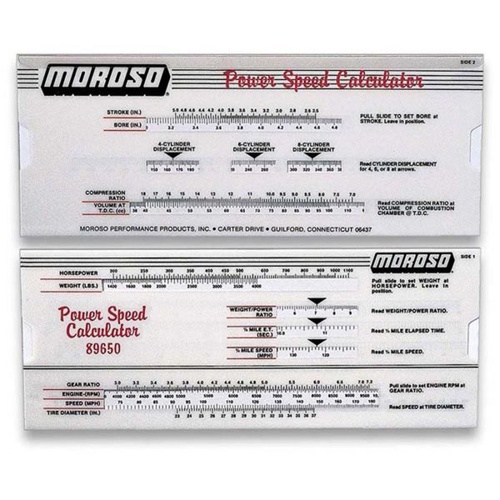 Moroso Calculator, Power Speed Calculator, Auto-Math, Slide Tool, Each