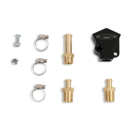 Mr. Gasket Fuel Y-Block, Aluminium, Black Anodised, 3/8 in. Hose Barbs, Gauge Port, Kit