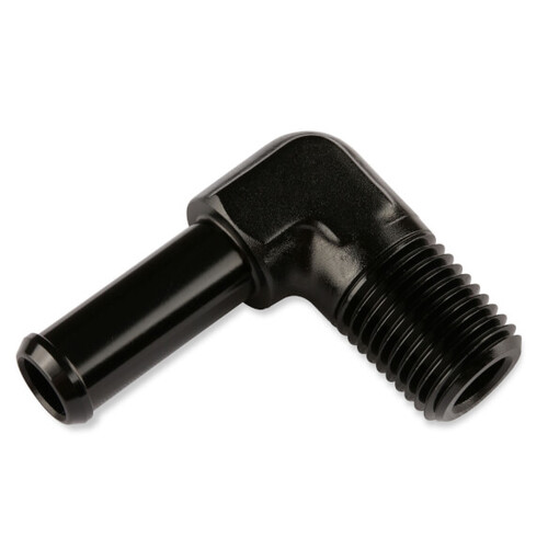 Mr. Gasket Fitting, 90 Degree, 1/4 in. Hose Barb to 1/8 in. NPT Male, Aluminium, Adapter, Black, Each