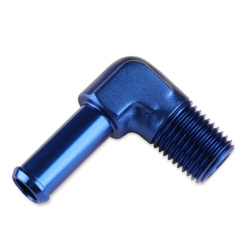 Mr. Gasket Fitting, 90 Degree, 1/4 in. Hose Barb to 1/8 in. NPT Male, Aluminium, Adapter, Blue, Each