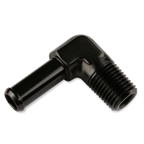 Mr. Gasket Fitting, 90 Degree, 3/4 in. Hose Barb to 3/4 in. NPT Male, Aluminium, Adapter, Black, Each