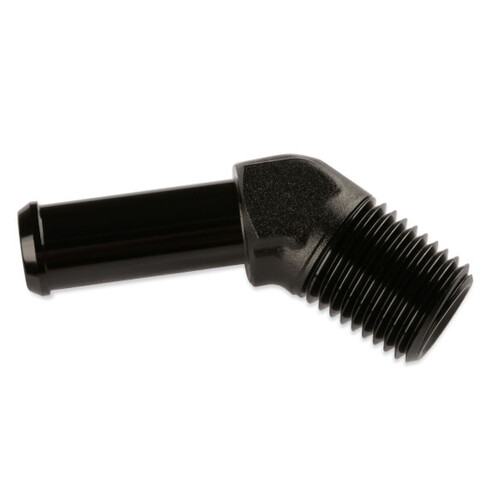 Mr. Gasket Fitting, 45 Degree, 1/4 in. Hose Barb to 1/8 in. NPT Male, Aluminium, Adapter, Black, Each