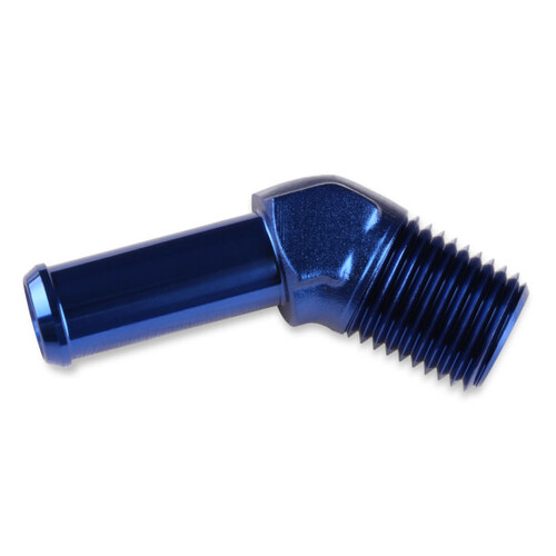 Mr. Gasket Fitting, 45 Degree, 5/8 in. Hose Barb to 1/2 in. NPT Male, Aluminium, Adapter, Blue, Each