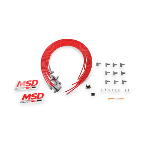 MSD Spark Plug Wires, Copper, Silicone, 90 Degree, 8.5mm Dia., Red, Universal V8, Set
