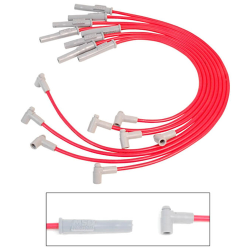 MSD Spark Plug Wires, Super Conductor, Spiral Core, 8.5mm, Red, Multi-Angle Boots, GM, V8, Set