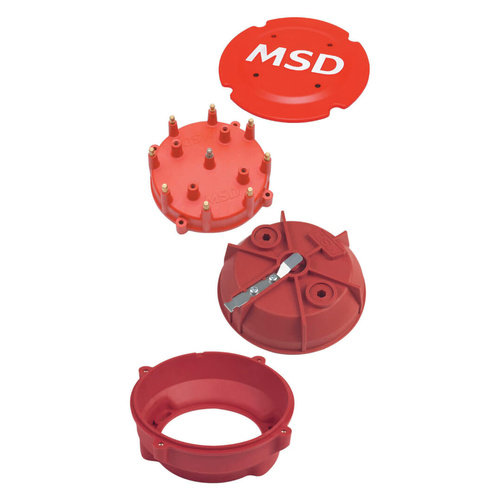 MSD Cap and Rotor, Red, Male/HEI, Stainless Steel Terminals, Clamp-Down, Pro-Billet, V8, Kit