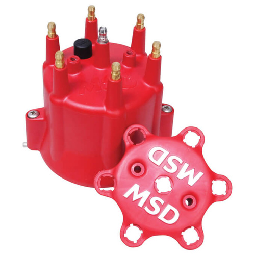 MSD Distributor Cap, Male/HEI, Red, Clamp On, GM, V6, Each