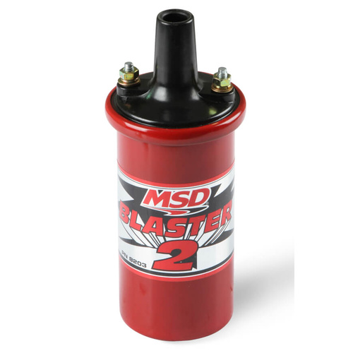MSD Ignition Coil, Blaster 2 w/ ballast resistor, Canister, Round, Oil Filled, Red, 45, 000 V, Each
