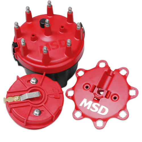 MSD Cap and Rotor, Cap-A-Dapt, Red, Male/HEI, Stainless Steel Terminals, Clamp-Down, Pro Billet, V8, Kit