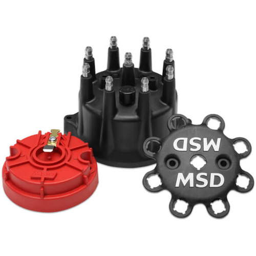 MSD Distributor Cap and Rotor Kits, Male/HEI, Black Cap, Screw Down, Rotor, Stainless Contact Terminal, Pro-Billet Small Diameter, Magnetic, V8, Kit