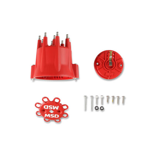MSD Cap and Rotor, Red, Male/HEI, Stainless Steel Terminals, Clamp Down, Billet, Pro Billet, V8, Kit