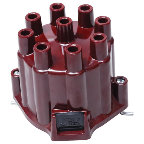 MSD Distributor Cap, GM Window, Female, Socket-Style, Red, Clamp-Down, Pro-Billet, Billet, GM, V8, Each