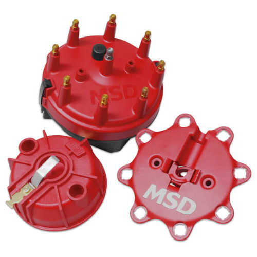 MSD Cap and Rotor, Red, Male/HEI, Stainless Terminals, Clamp-Down, Small Dia., Pro-Billet Distributors, Kit