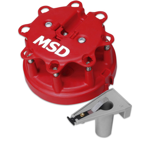 MSD Cap and Rotor, Cap-A-Dapt, Red, Male/HEI, Stainless Steel Terminals, Clamp-Down, For Ford, Duraspark, V8, Kit