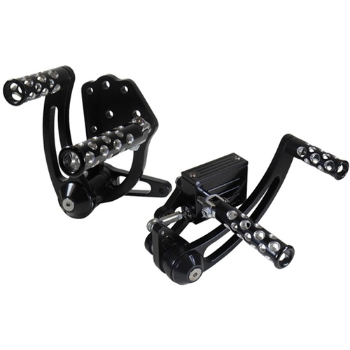 MIDUSA Billet Forward Controls, Black Big Twin 4 Speed 58/86, Softail 86/99 Hole Footpegs, Kit