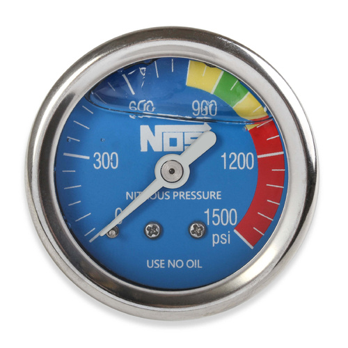 NOS Nitrous Pressure Gauge, 1-1/2in. diameter, 0-1500psi, liquid-filled, blue