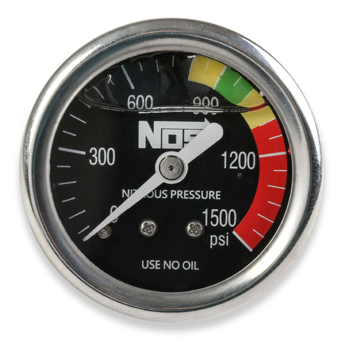 NOS Nitrous Pressure Gauge, 1-1/2in. diameter, 0-1500psi, liquid-filled, black