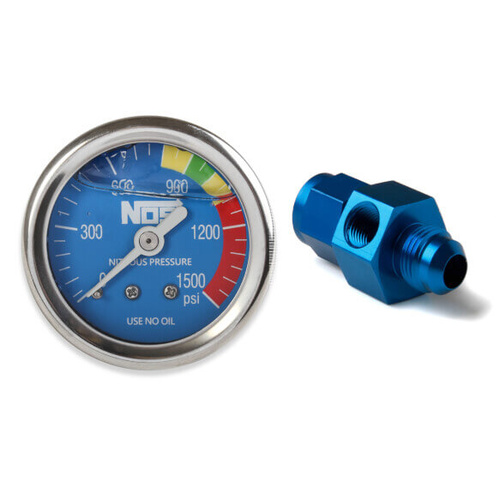 NOS Nitrous Gauge, Blue, 1-1/2in., Liquid Filled with -4AN adapter 0-1500psi