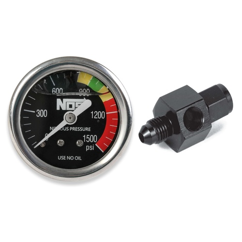 NOS Nitrous Gauge, Black, 1-1/2in., Liquid Filled with -4AN adapter, 0-1500psi