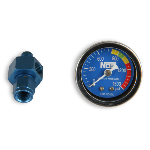NOS Nitrous Pressure Gauge, Blue, w/ 8AN adaptor, 1-1/2in., 0-1500psi