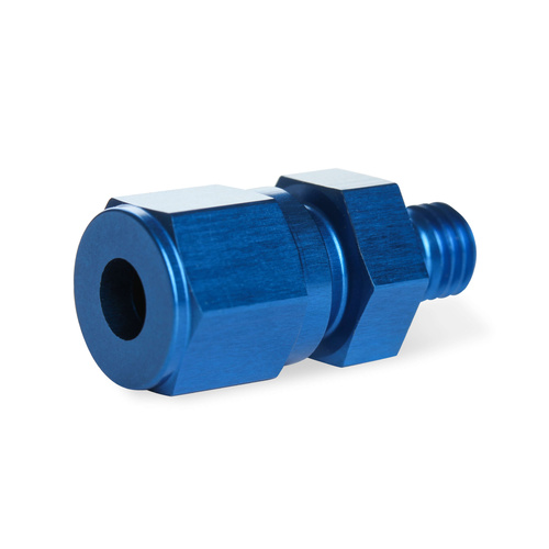 NOS Compression Fitting, Straight 1/4in. -28 Male - 3/16in. Tube, Complete, Aluminium w/ Blue Anodised Finish