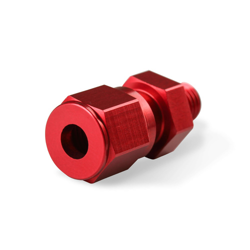 NOS Compression Fitting, Straight 1/4in. -28 Male - 3/16in. Tube, Complete, Aluminium w/ Red Anodised Finish