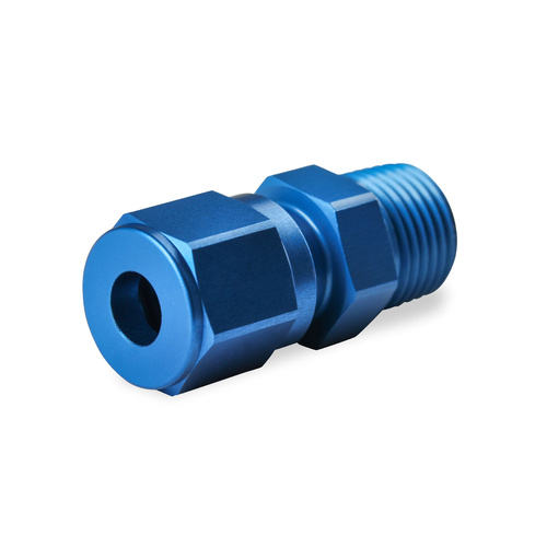 NOS Compression Fitting, Straight 1/8in. NPT Male - 3/16in. Tube, Complete, Aluminium w/ Blue Anodised Finish