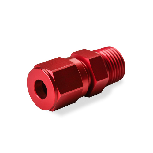 NOS Compression Fitting, Straight 1/8in. NPT Male - 3/16in. Tube, Complete, Aluminium w/ Red Anodised Finish