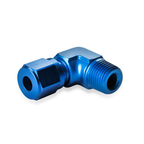 NOS Compression Fitting, 90 Degree, 1/8in. NPT Male - 3/16in. Tube, Aluminium w/ Blue Anodised Finish