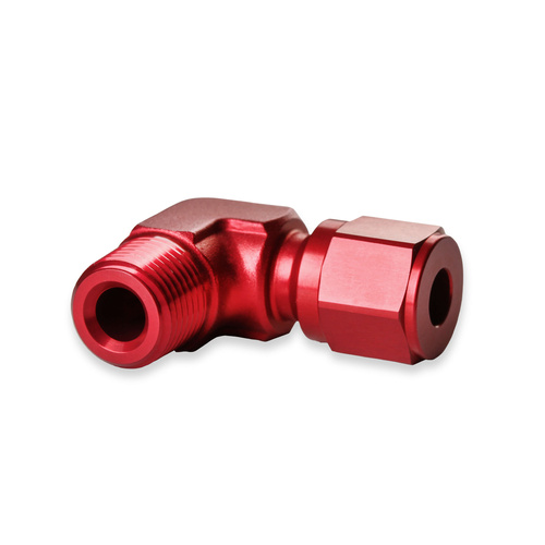 NOS Compression Fitting, 90 Degree, 1/8in. NPT Male - 3/16in. Tube, Aluminium w/ Red Anodised Finish