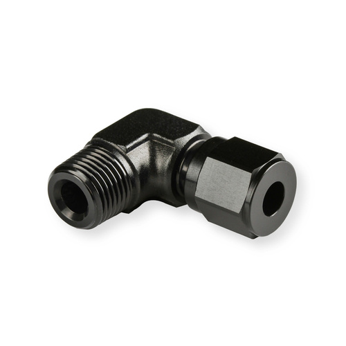 NOS Compression Fitting, 90 Degree, 1/8in. NPT Male - 3/16in. Tube, Aluminium w/ Black Anodised Finish
