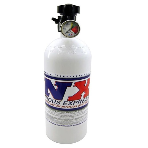 Nitrous Express Nitrous Bottle, 15 lbs., Aluminum, w/ Lightning 500 Valve, 6.89 Dia. x 26.69 Tall, w/ Gauge, White, Each