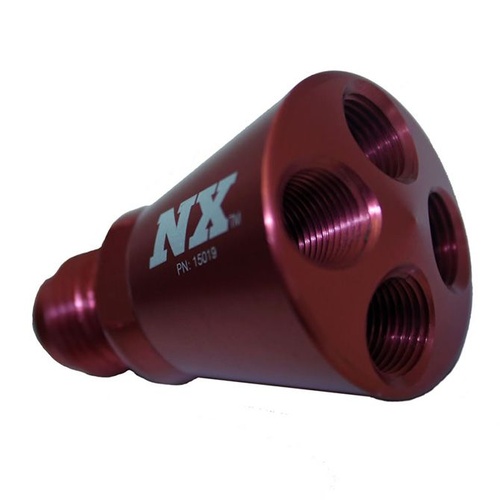 Nitrous Express Nitrous Distribution Block, Showerhead Nitrous Distributor Block, 4 Port, 6AN Male, Red